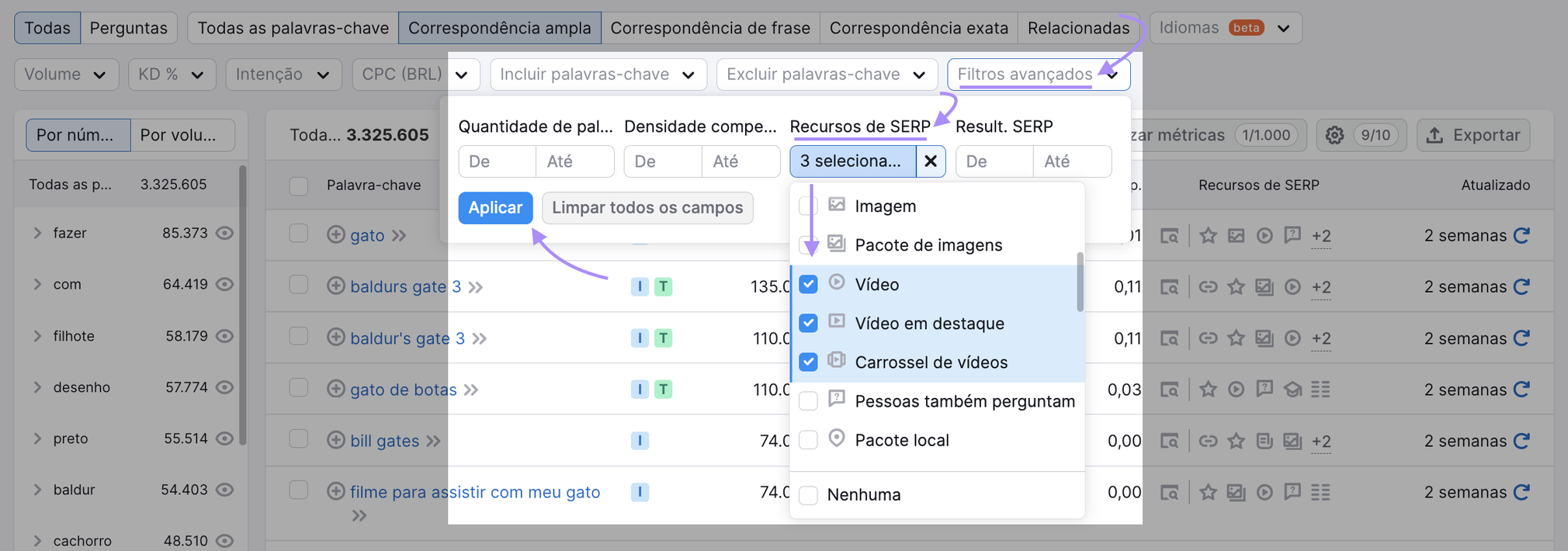 Aplicação de "Filtros avançados" para recursos de SERP