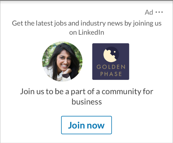 LinkedIn spotlight ad with a join now button for the Golden Phase community