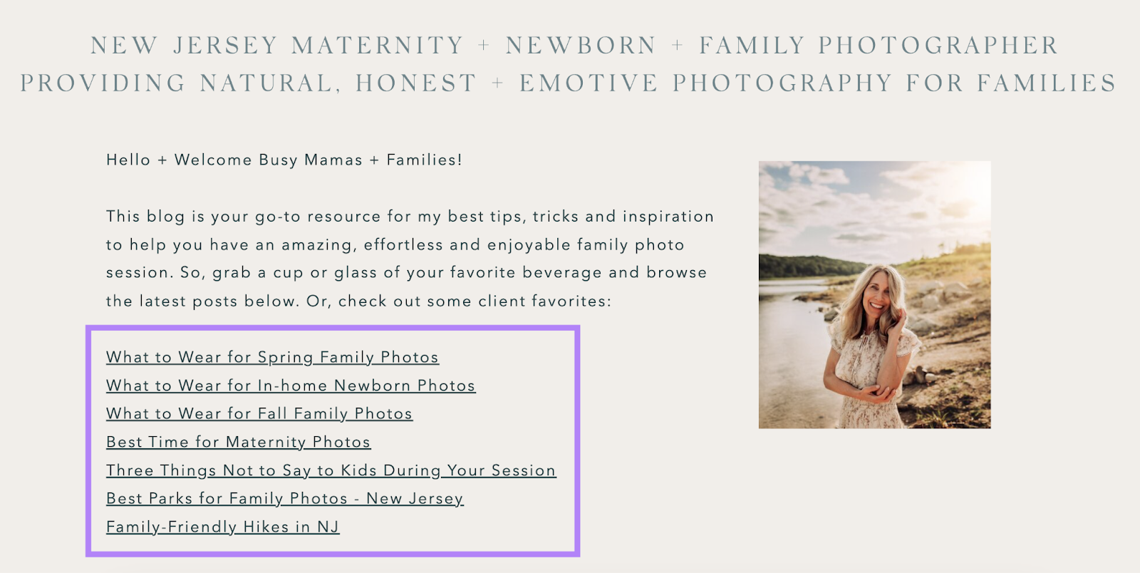 Photographer lists helpful articles for clients on blog main page.