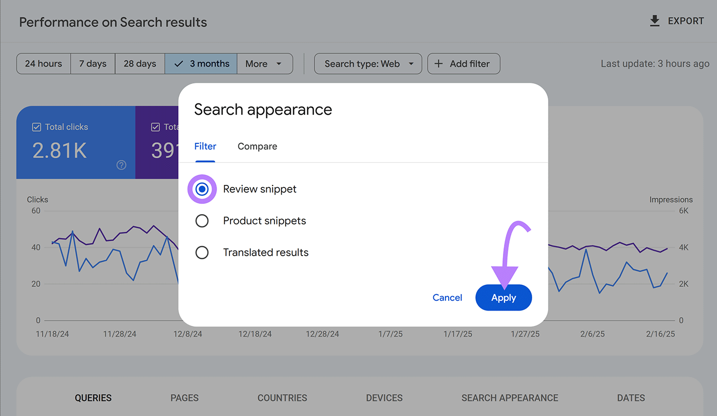 Search appearance filter popup with Review snippet radio button selected and highlighted and arrow pointing to Apply button