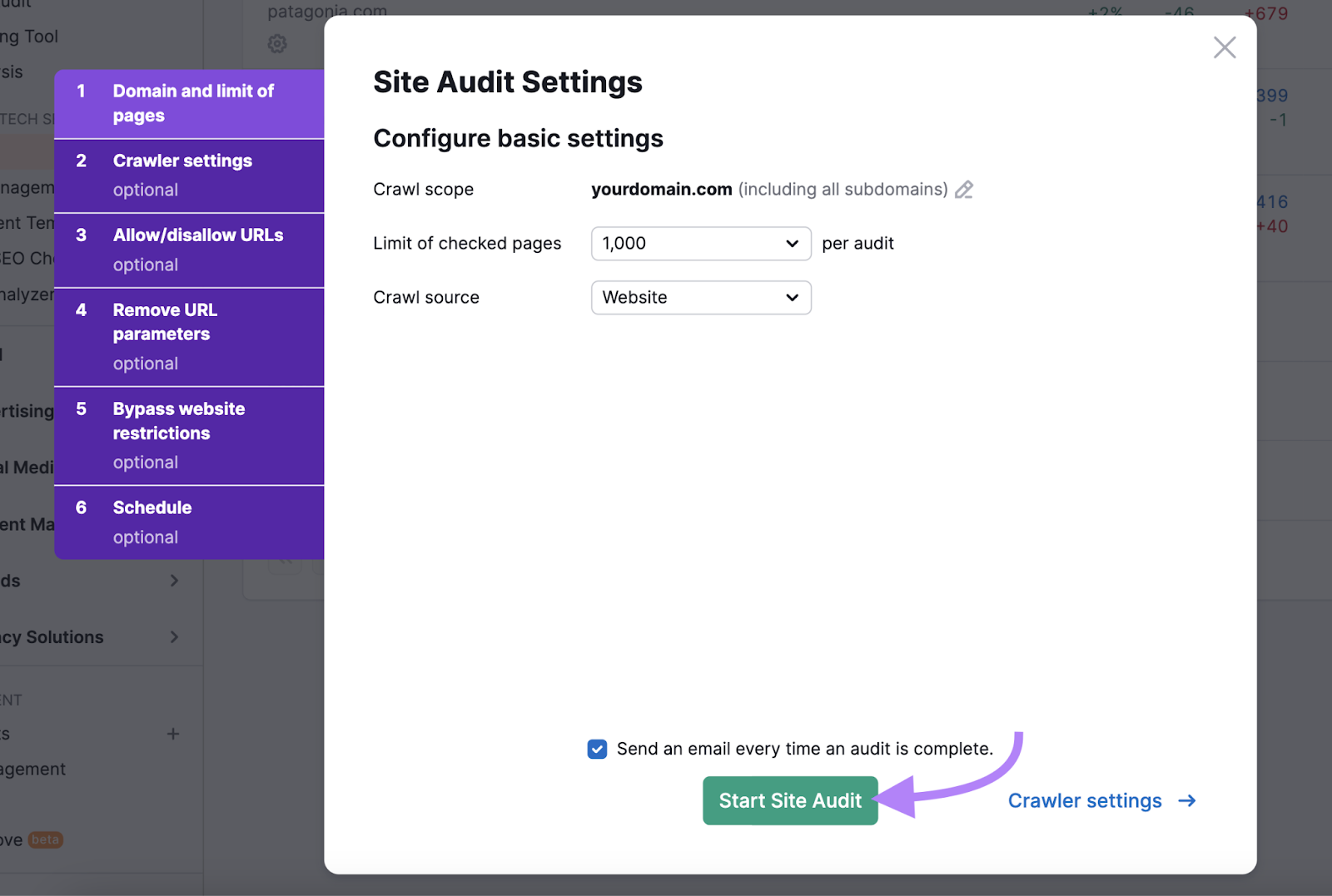 Number of checked pages per audit and crawl guidelines are selected.