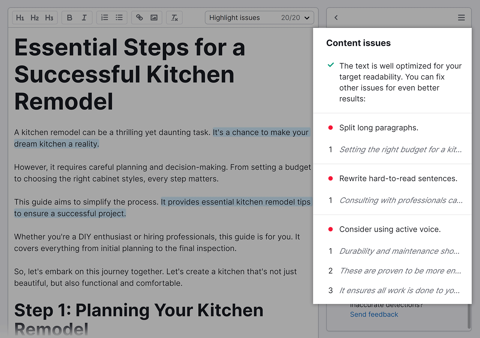Content issues in sidebar highlighted.