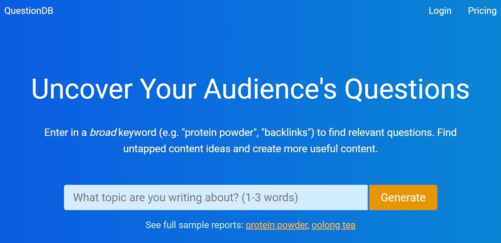 QuestionDB 主页标题为“Uncover Your Audience’s Questions”