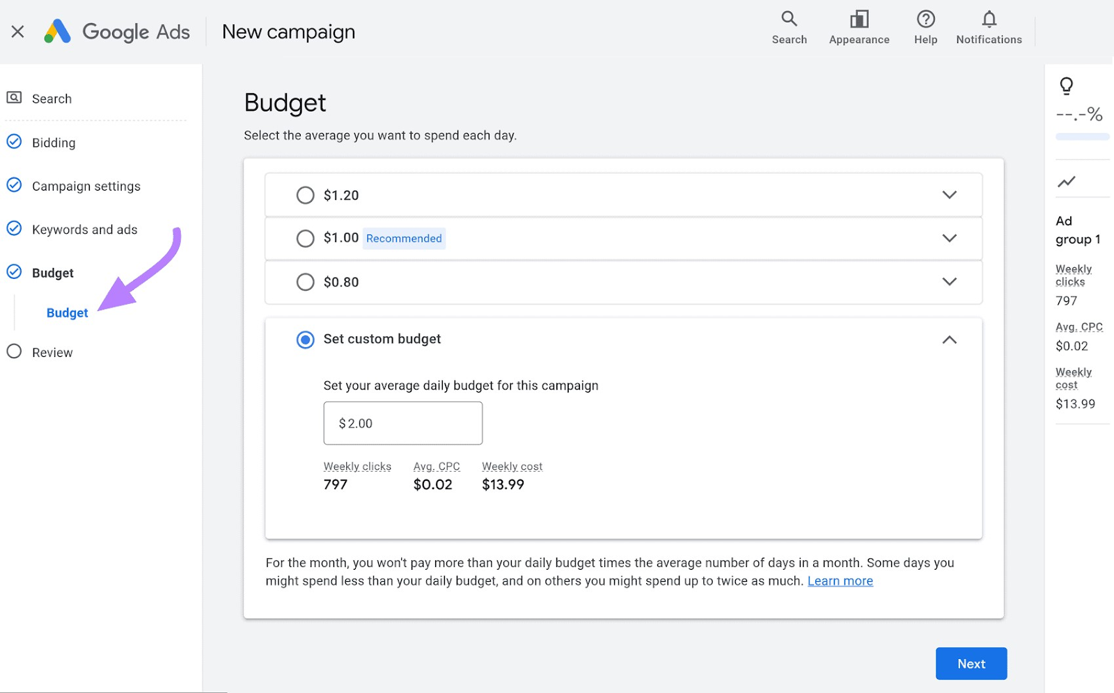 "Budget" window in Google ads