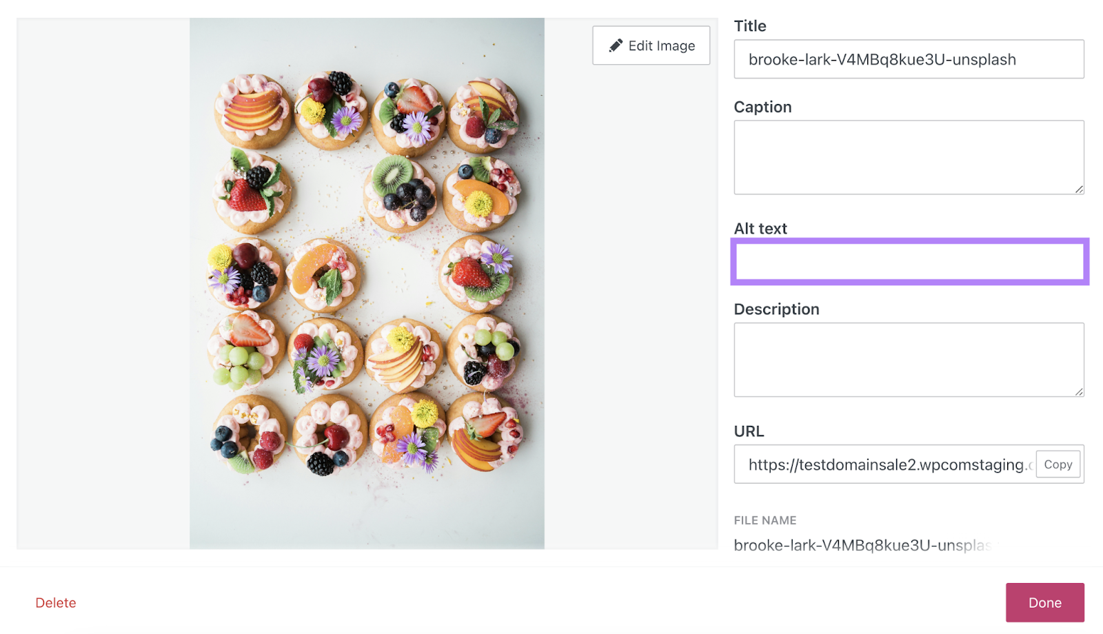 Alt text field is highlighted in the WordPress Media editor for an image.