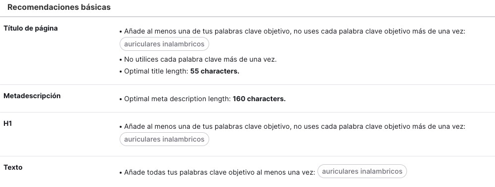 Recomendaciones básicas de la herramienta SEO Content Template