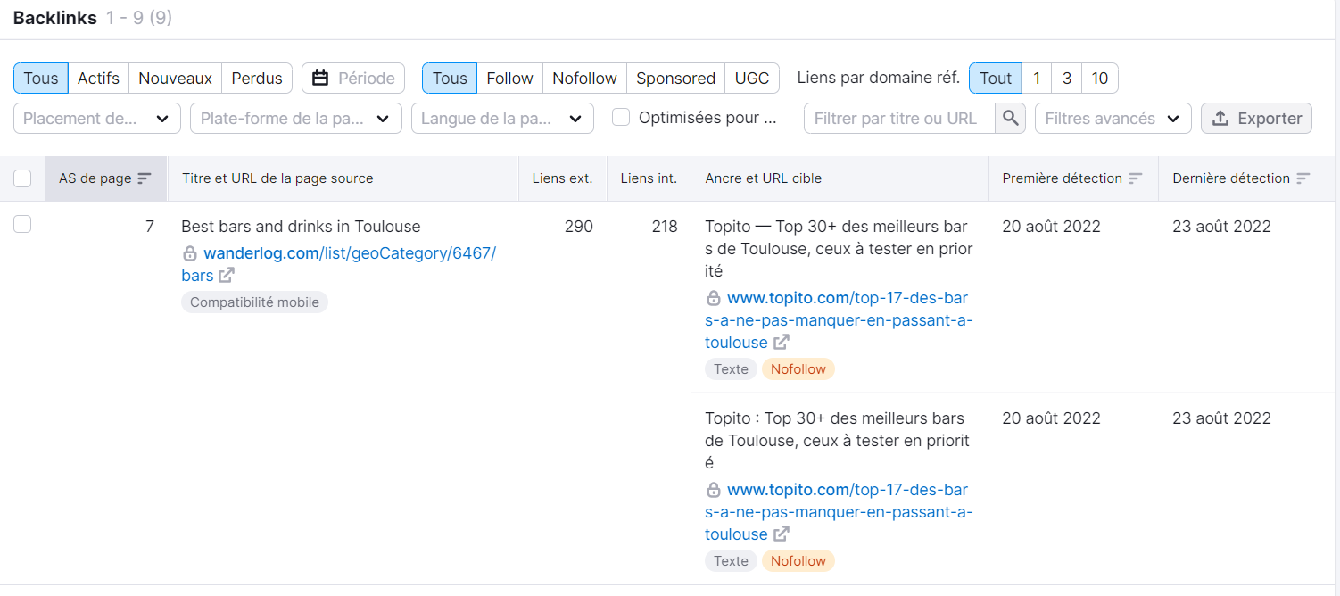 Analyse de backlinks, rapport Backlinks avec URL exacte pour déterminer qui pointe vers la concurrence