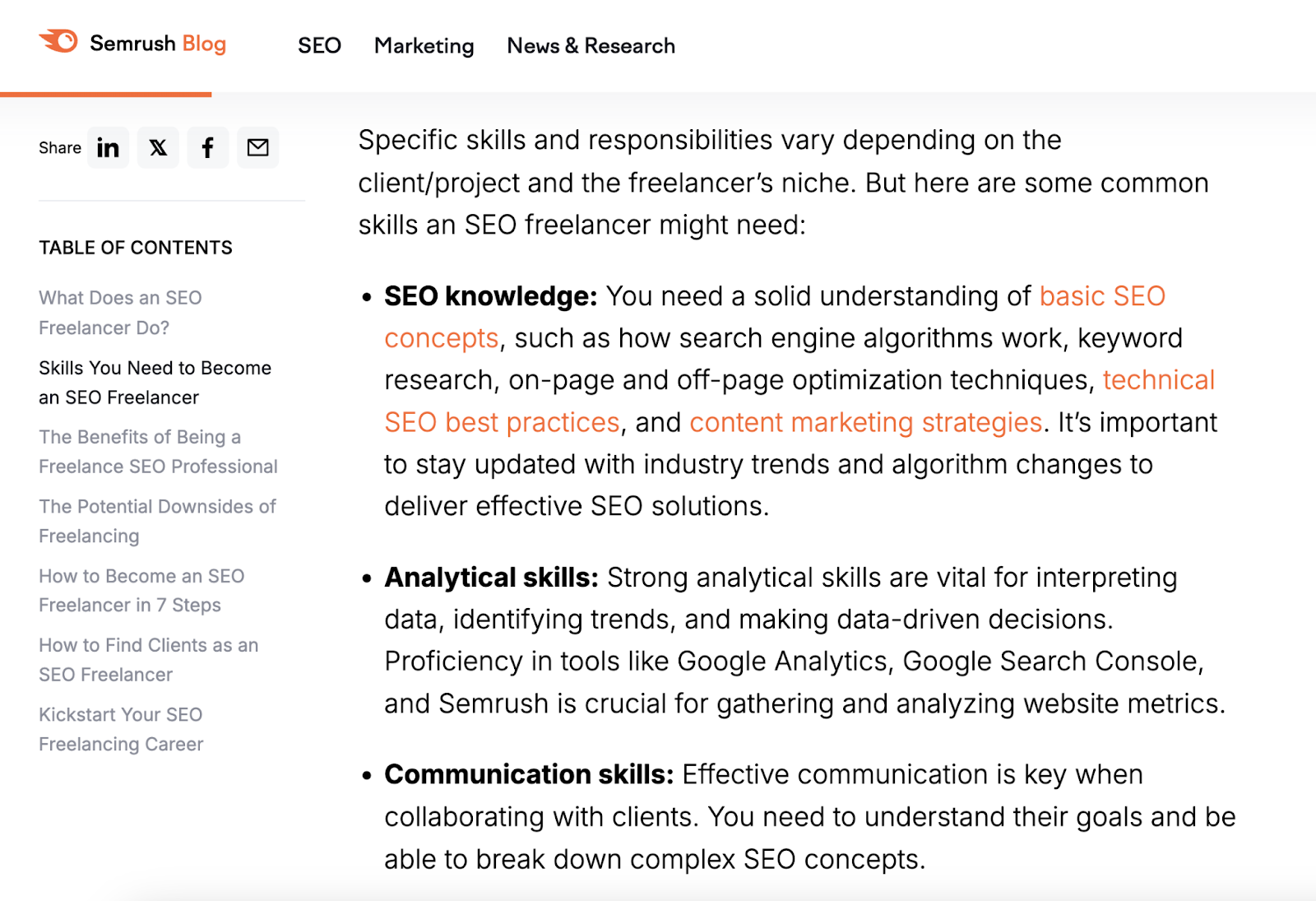 portion of blog post on skills you need to become an seo freelancer