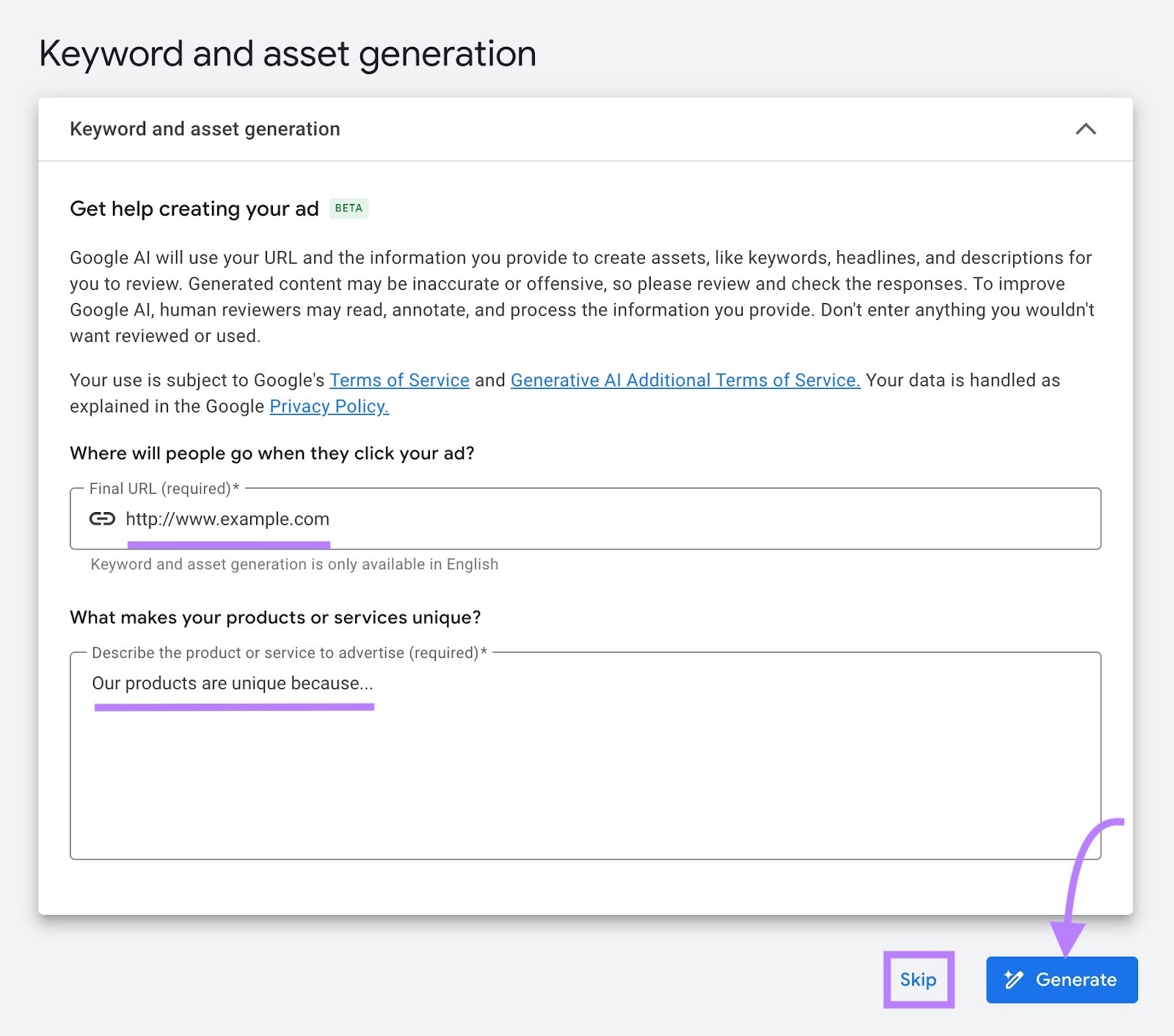 Keyword and asset generation page with a URL and a description about the business entered and "Generate" clicked.