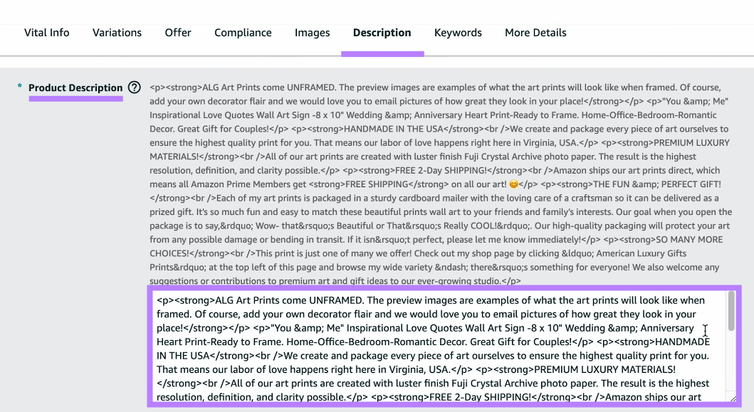 “Product Description” field in Amazon Seller Central