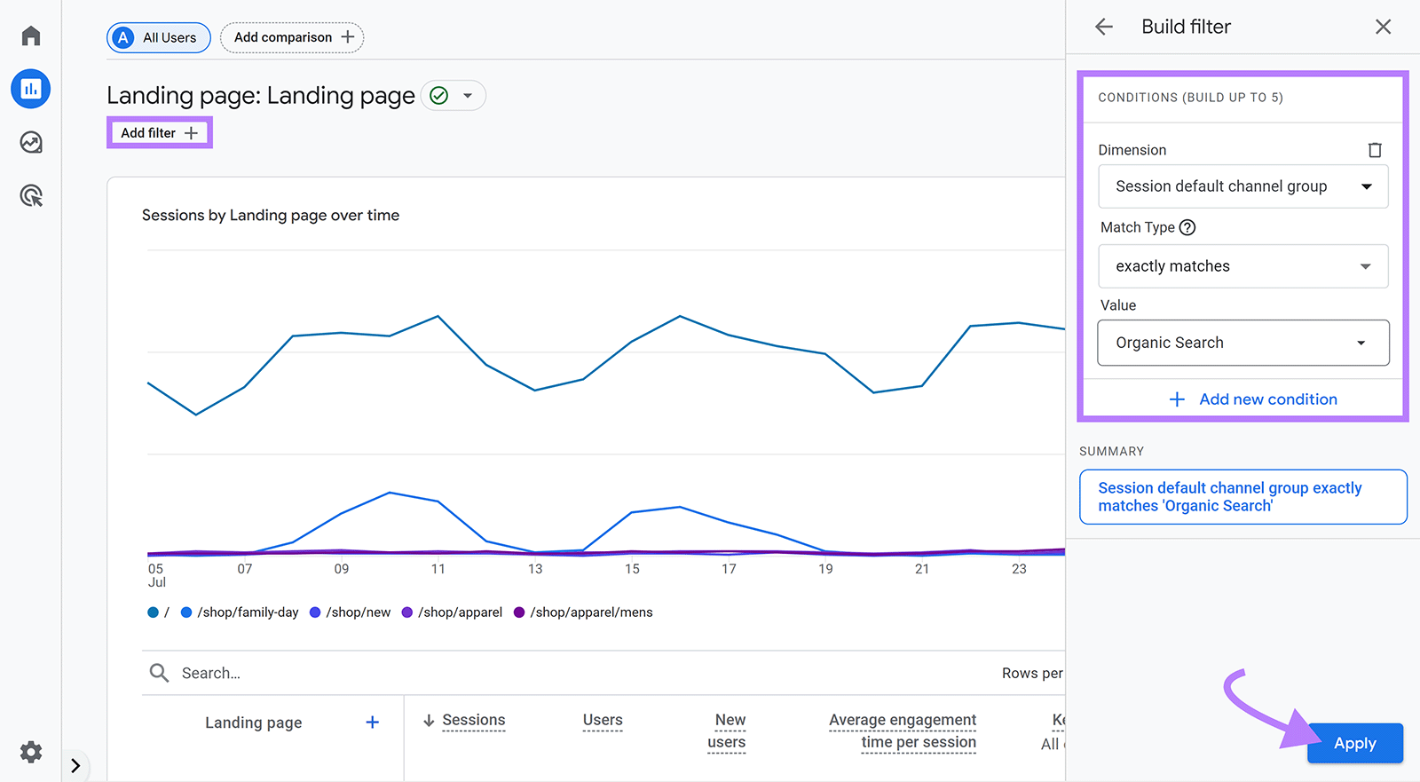 Add filter button clicked and highlighted, Build filter sidebar showing, and arrow pointing to Apply button