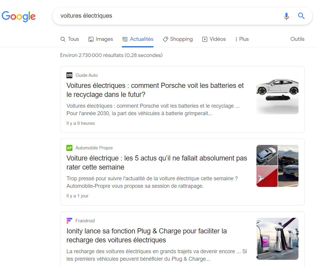 Google Actualités voitures électriques