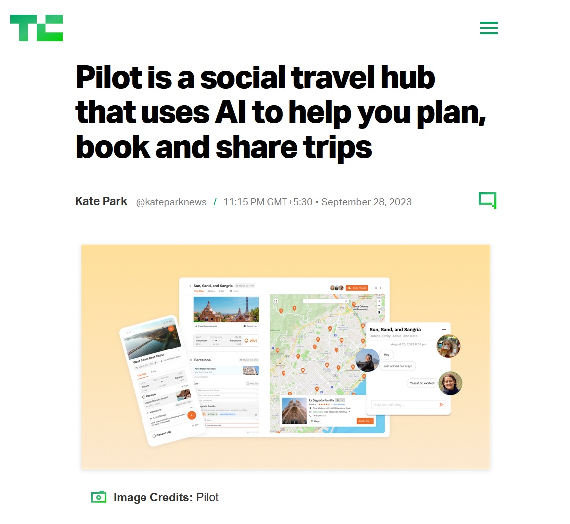 A TechCrunch article titled "Pilot is a social travel hub that uses AI to help you plan, book and share trips"