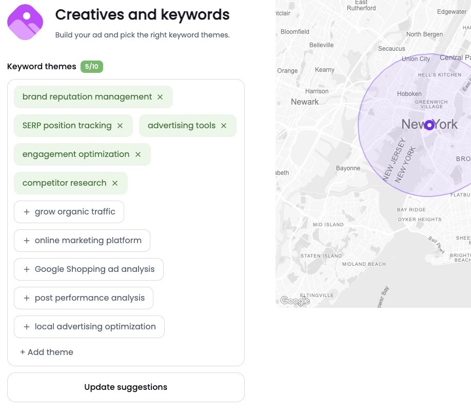 Ads Launch Assistant creatives and keywords settings