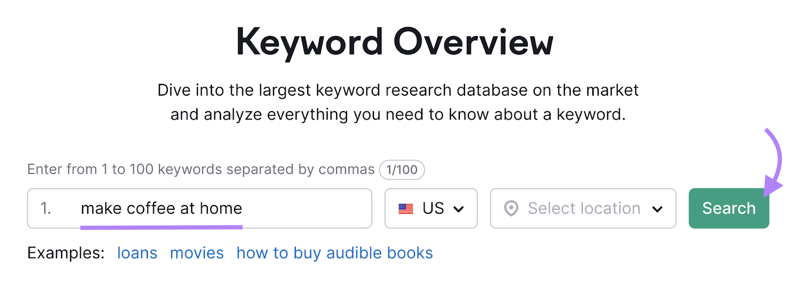 Keyword Overview tool search for "make coffee at home"