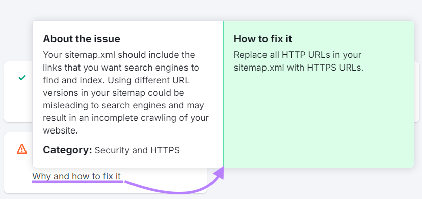 The pop up explains the issue and says to replace all HTTP URLs in your sitemap with HTTPS URLs.