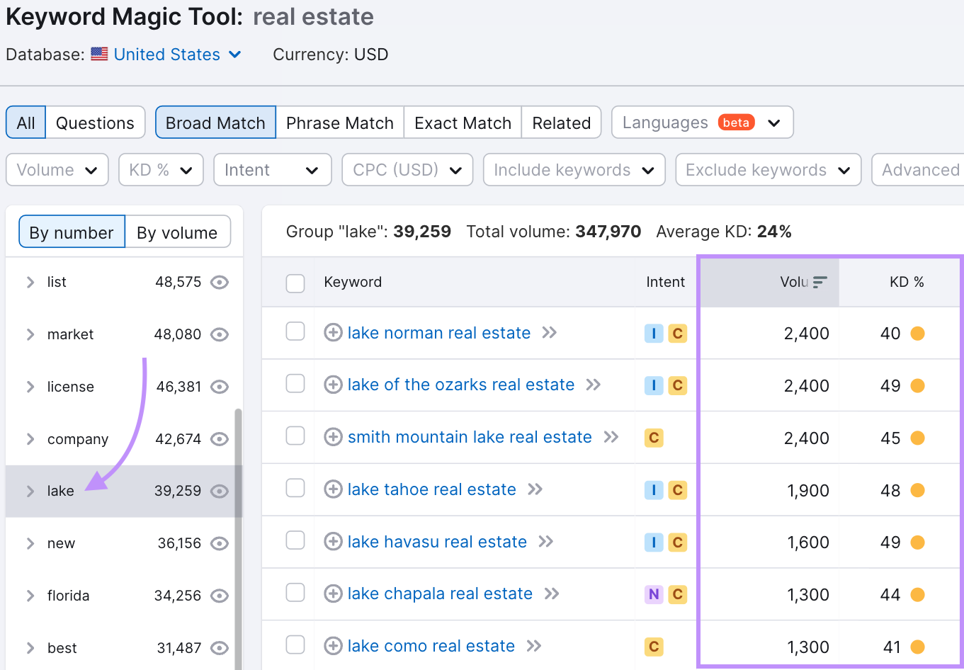 Keyword Magic Tool results for "real estate" narrowed by "lake" group