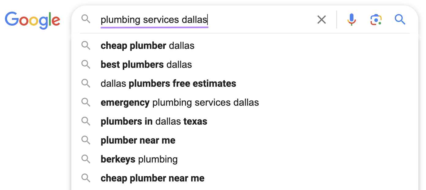 Google suggestions when typing “plumbing services dallas” in search bar