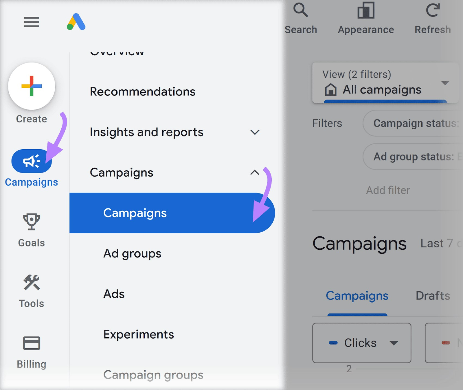 Campañas destacadas en la barra lateral de Google Ads