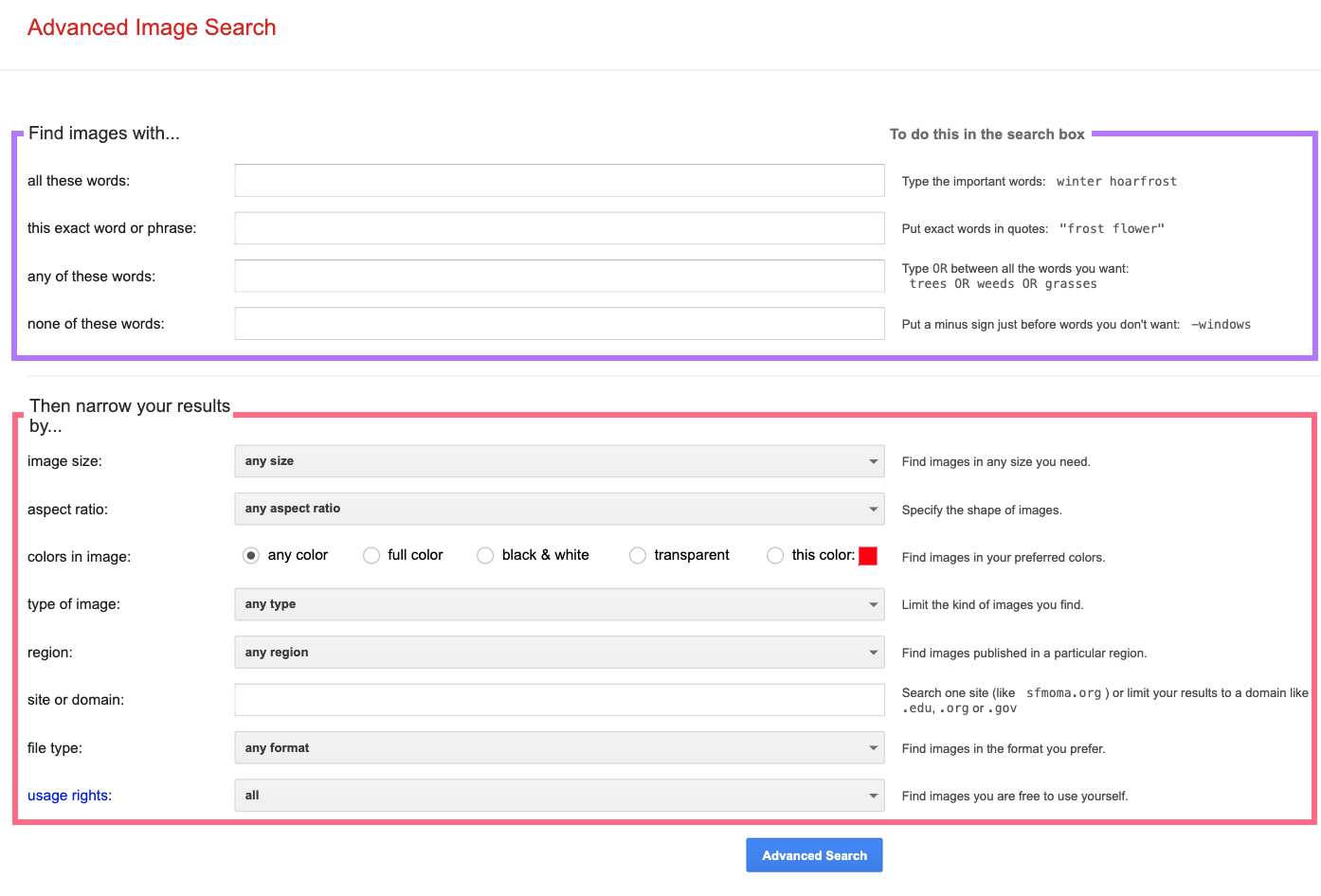 Google's Advanced Image Search filters page