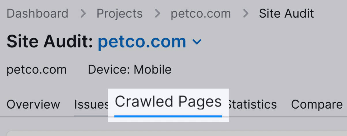 "Crawled Pages" tab of the Site Audit tool