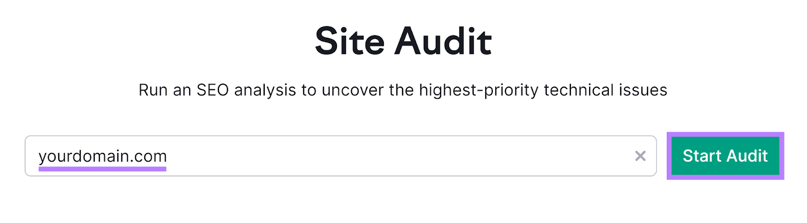 Site Audit start page with 'yourdomain.com' entered and Start Audit button highlighted.