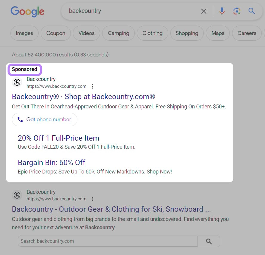 Google search ad for Backcountry.com