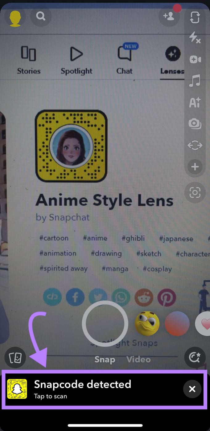 "Snapcode detected" message in Snapchat