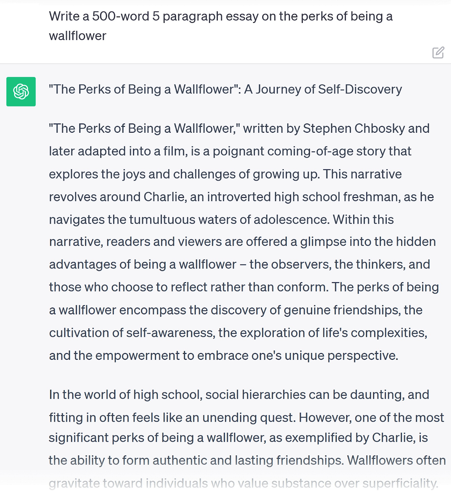ChatGPTにウォールフラワーであることの特典について500字のエッセイを書くよう求めるプロンプト。