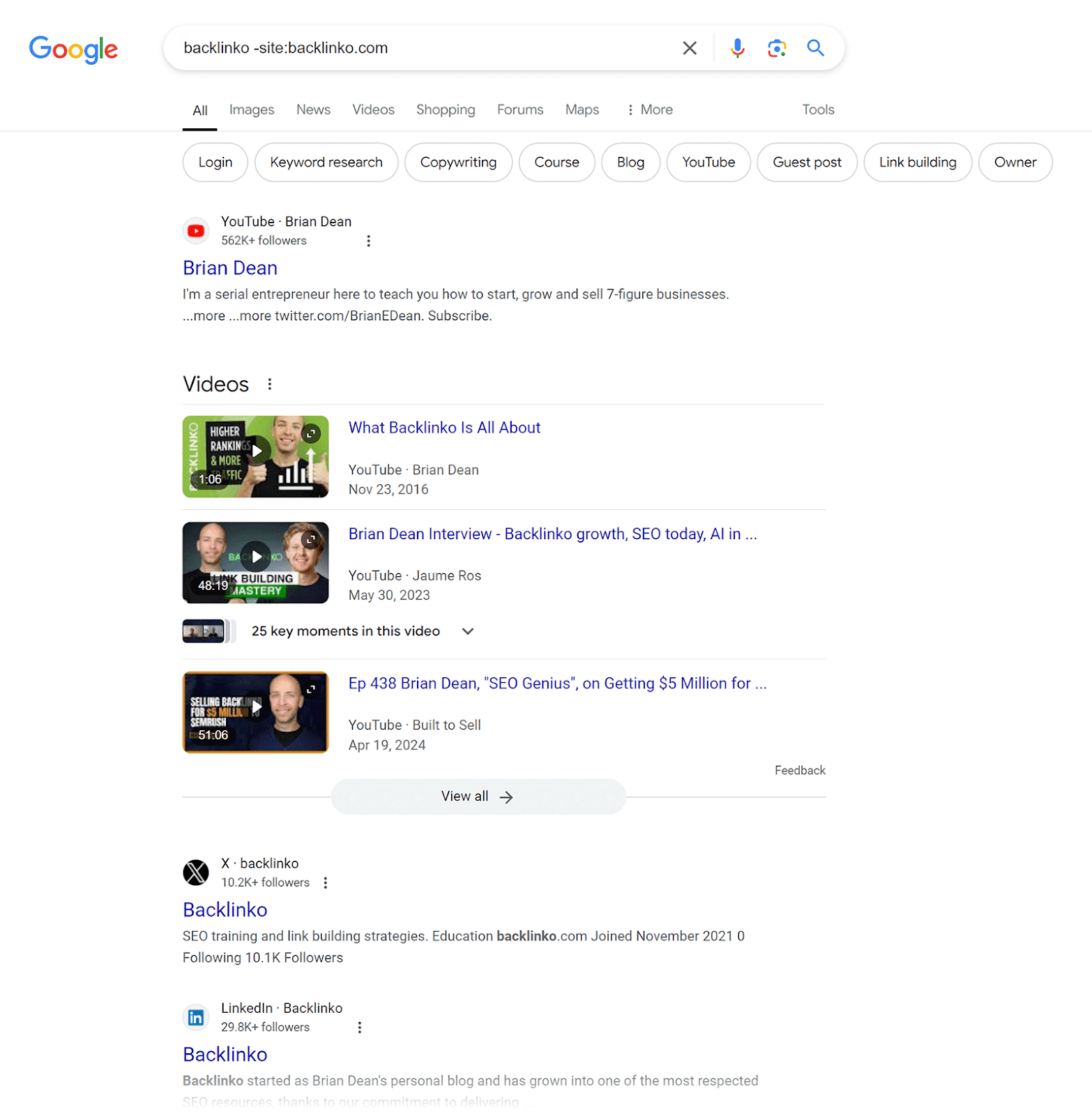 Google SERP for “backlinko -site:backlinko.com”