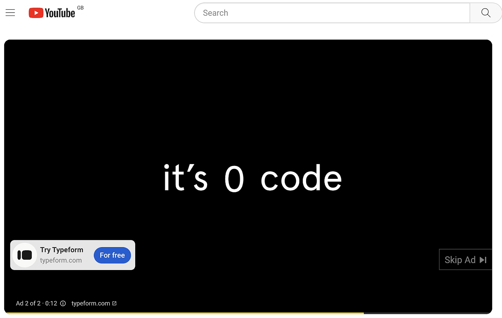 A screenshot of Typeform's video ad with "it's 0 code" copy