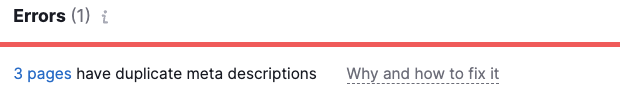 "3 pages have duplicate meta descriptions" results under "Errors" section in Site Audit