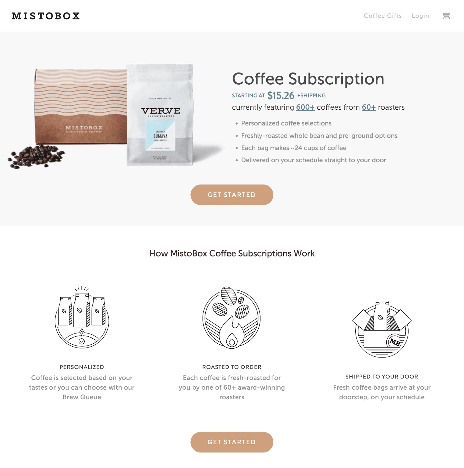 Mistobox's coffee subscription landing page