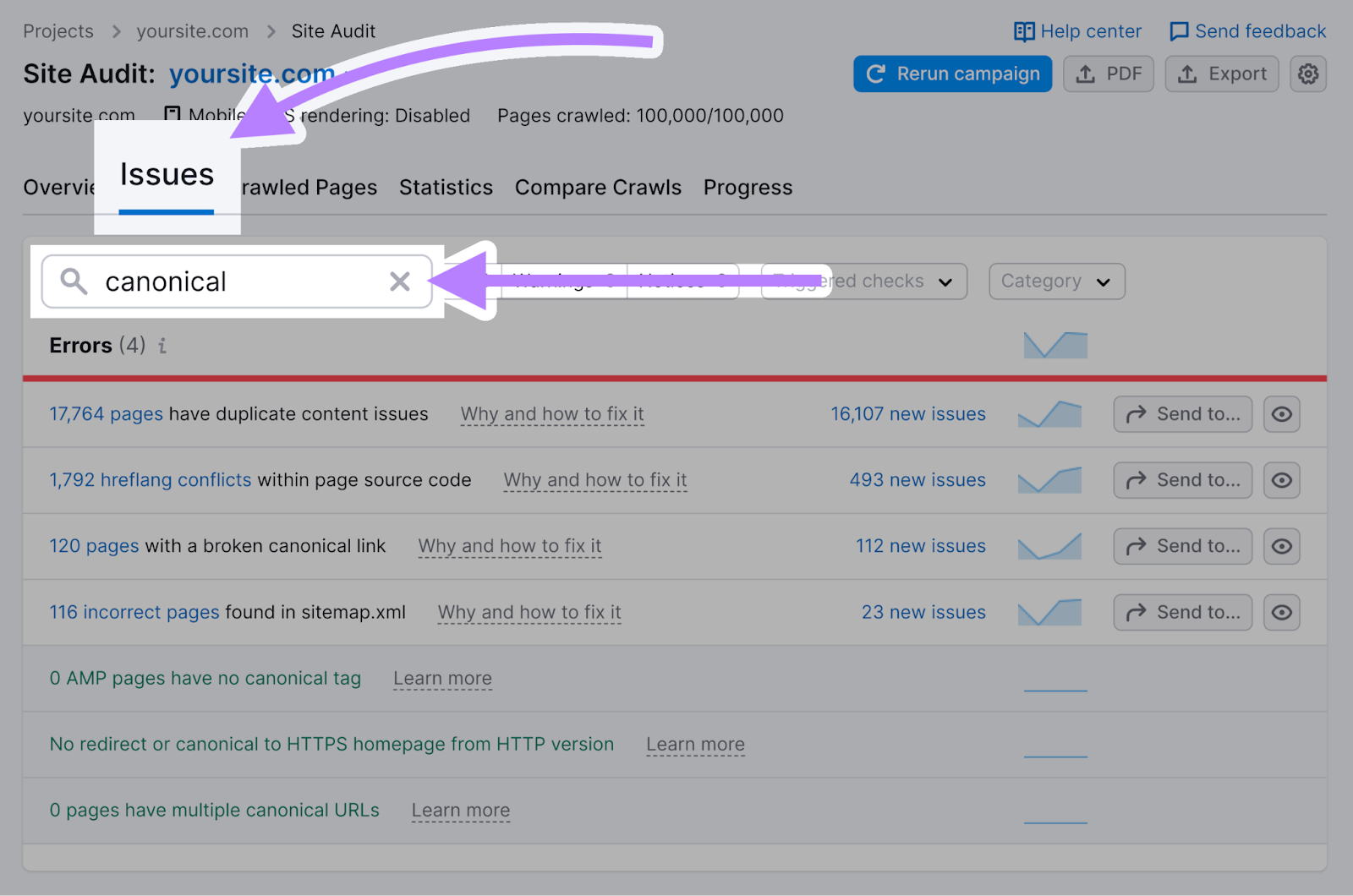 Site Audit tool "Issues" tab highlighting canonical issues found on a website