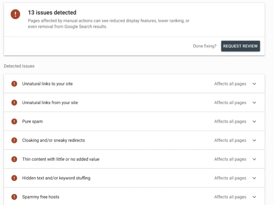 Manual actions report in Google Search Console