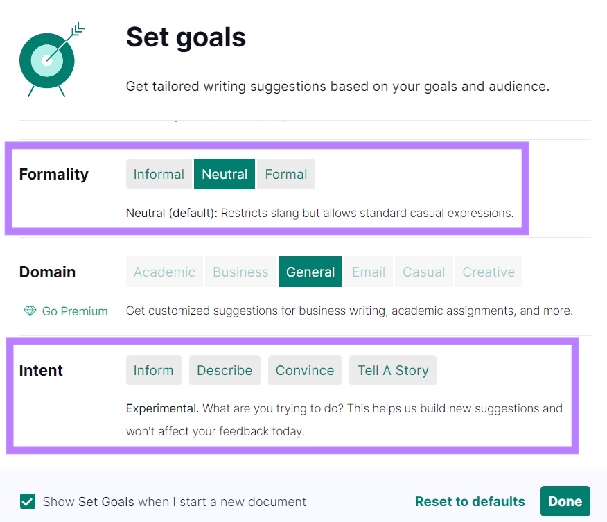 Set goals on Grammarly with the "Formality" and "Intent" sections highlighted.