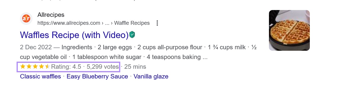 SERP result for a waffle recipe on allrecipes.comwith with the aggregate ratings of over 5,000 users