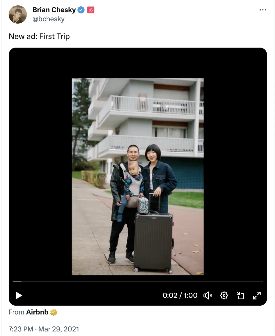 Brian Chesky's post on X with caption "New ad: First Trip"
