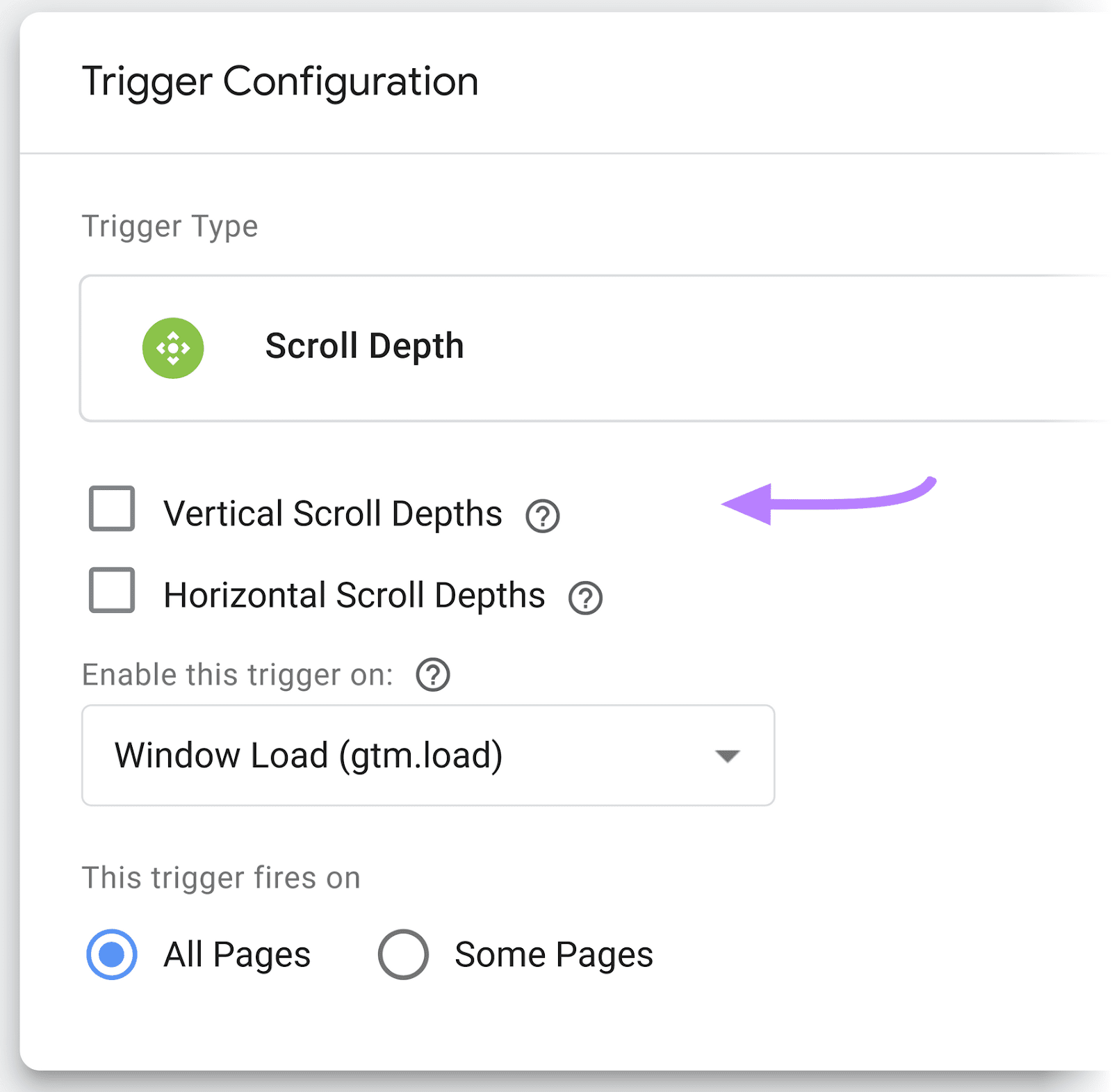 An arrow pointing to “Vertical Scroll Depths" checkbox under "Trigger Configuration" window