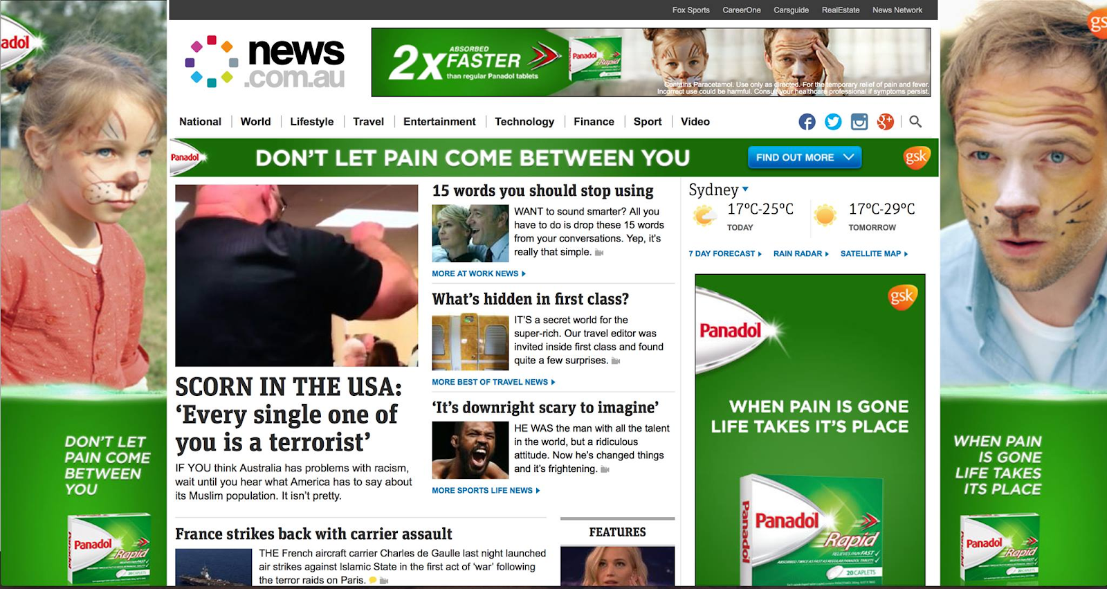 "news.com.au" homepage showing five ads.