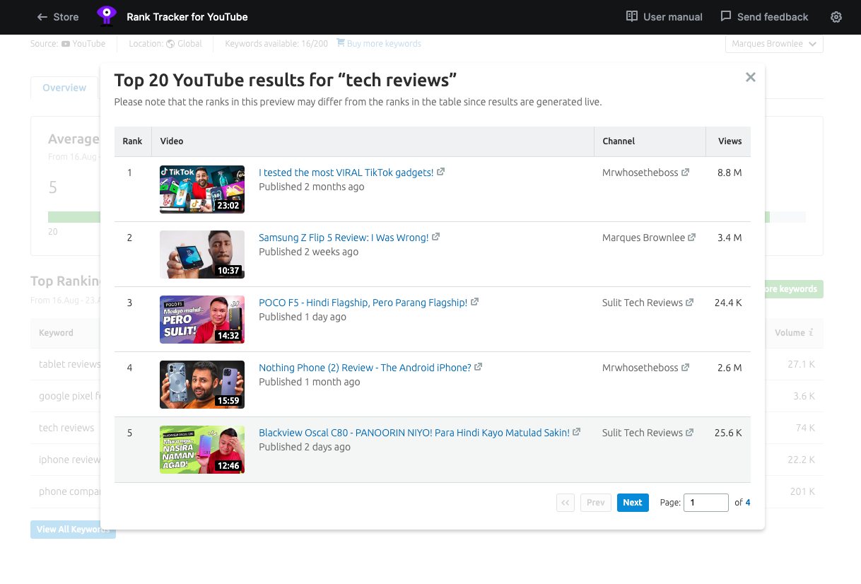 A screen s،wing the top 20 YouTube results for "tech reviews" in the Rank Tracker for YouTube app