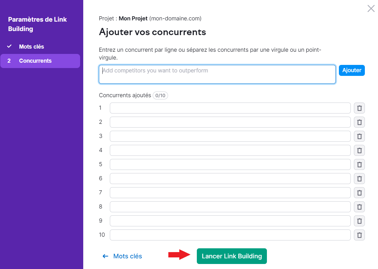 Configurer Link Building Tool - les concurrents