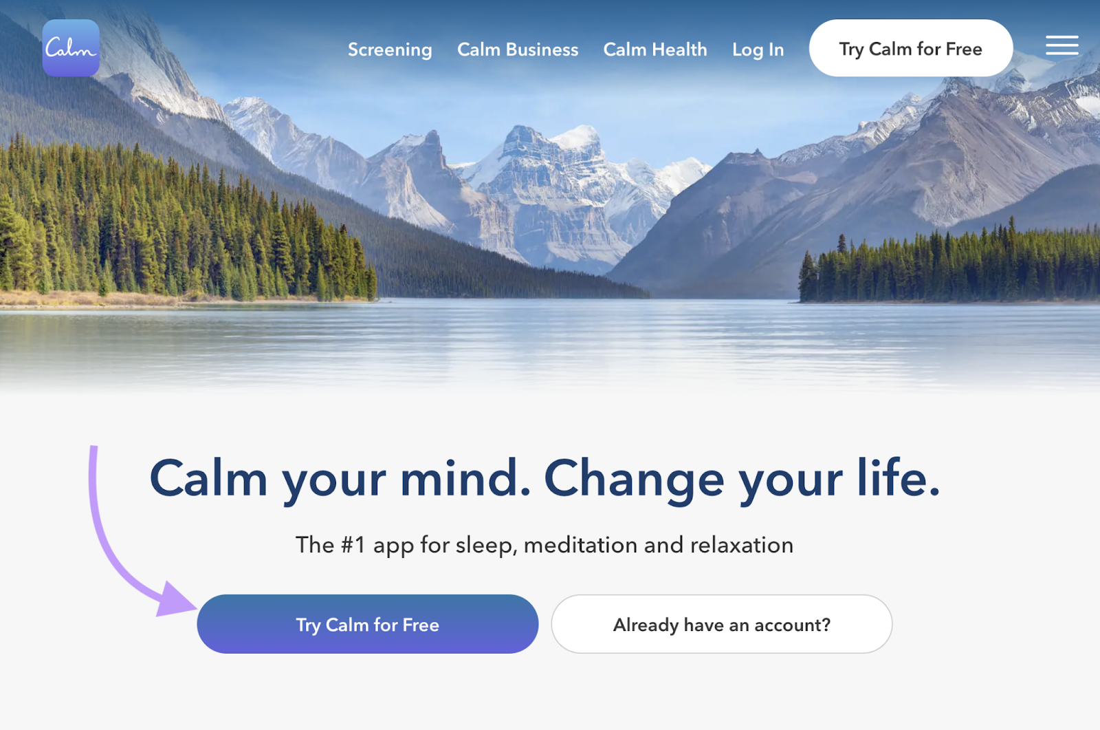 calm's homepage has a lakeview with mountains in the background. the call to action is blue as well.