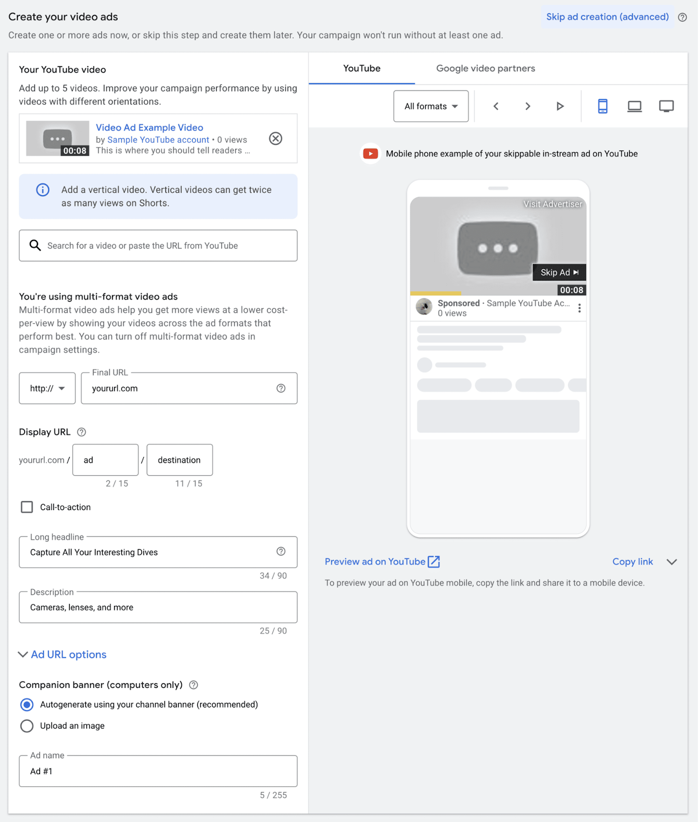 با استفاده از ویدیوی YouTube آپلود شده، یک تبلیغ ویدیویی در Google Ads ایجاد کنید