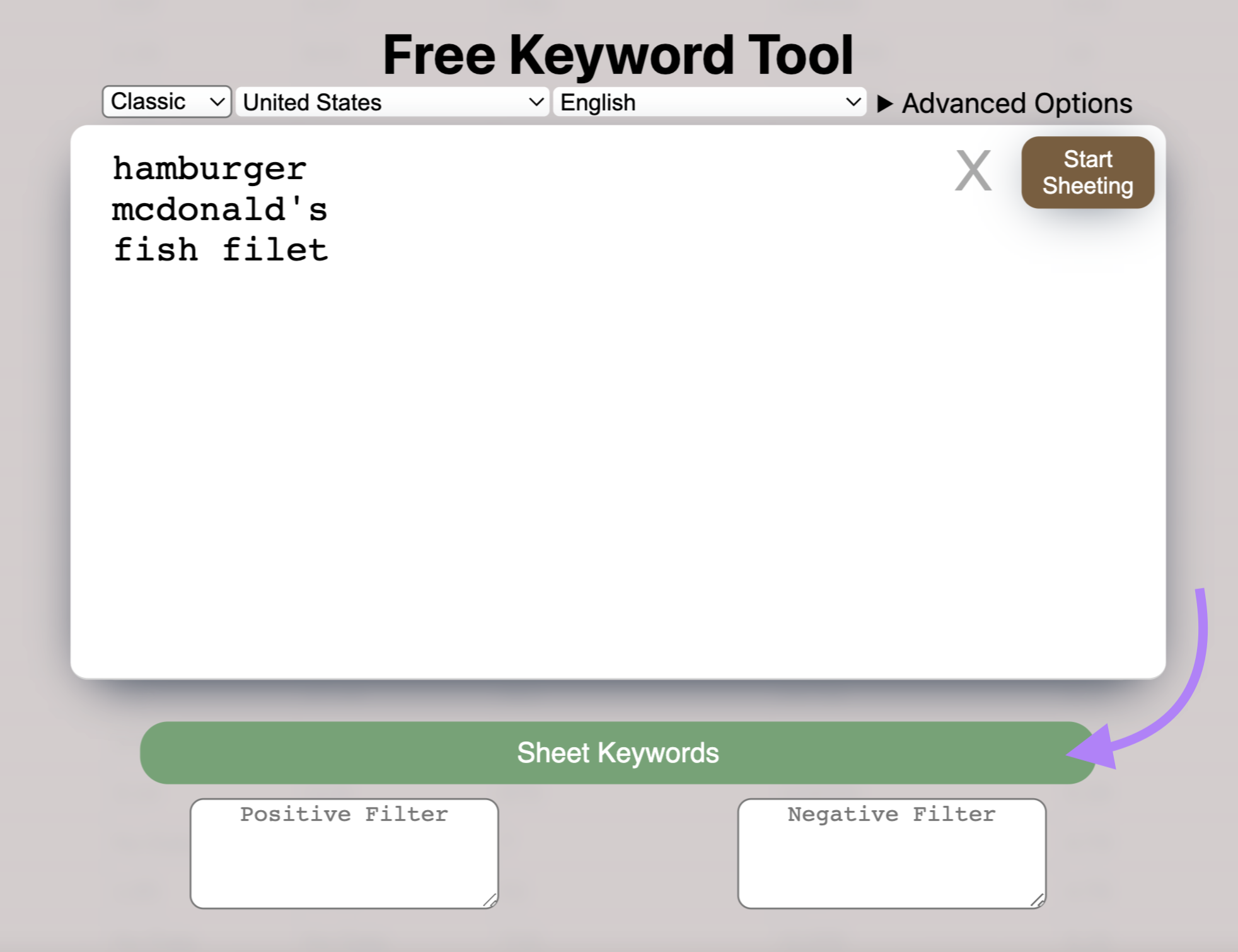 keyword sheeter tool example