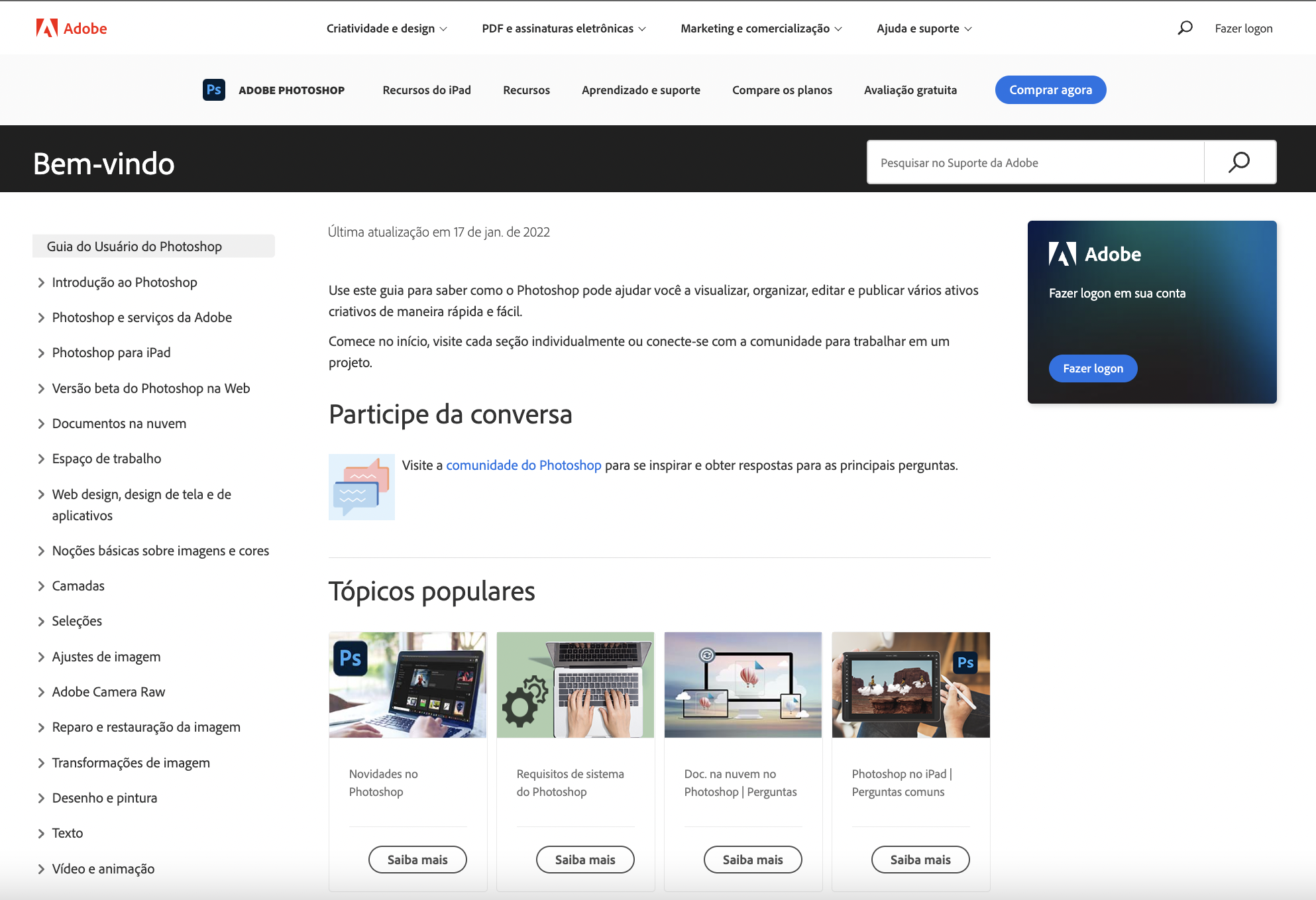 exemplo da página do Guia da Adobe para Photoshop