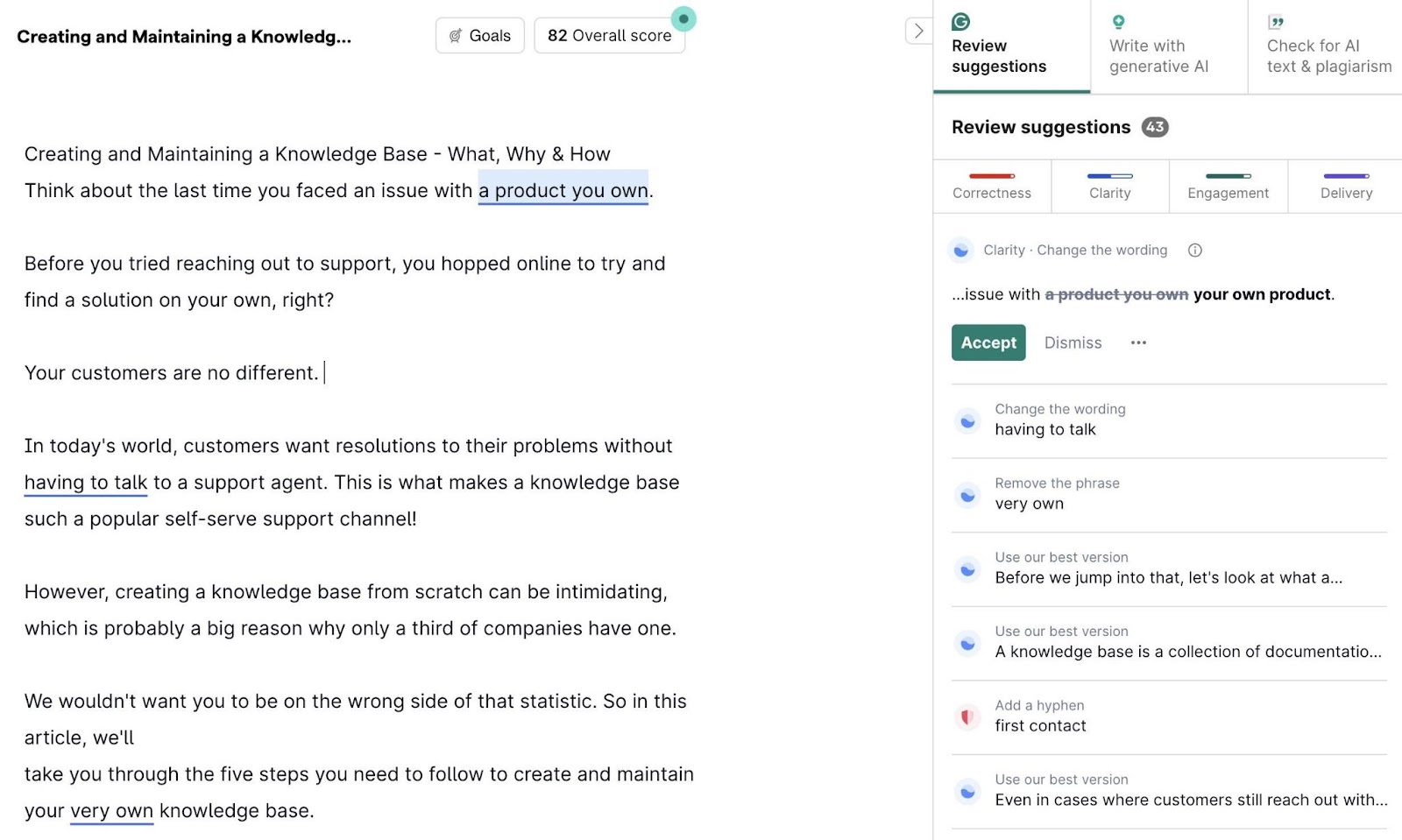 Editing suggestions categorized by correctness, clarity, engagement, and delivery on Grammarly.