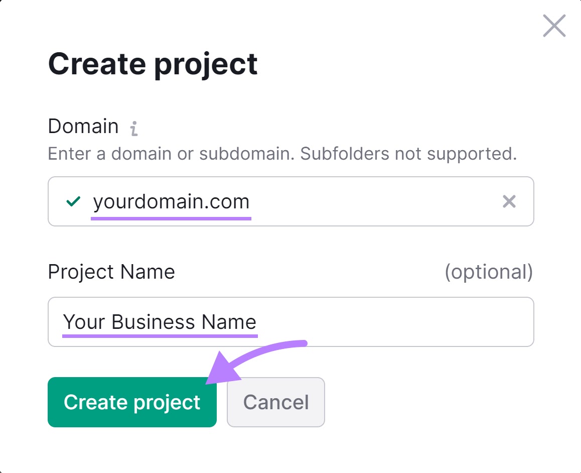 "Create project" pop up window in Site Audit tool