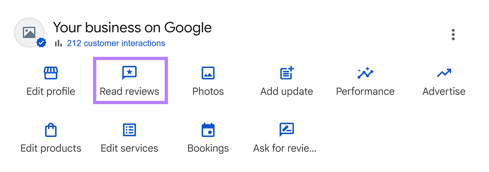 Google Business Profile dashboard with icons for editing profile, photos, updates, and a highlighted Read reviews button