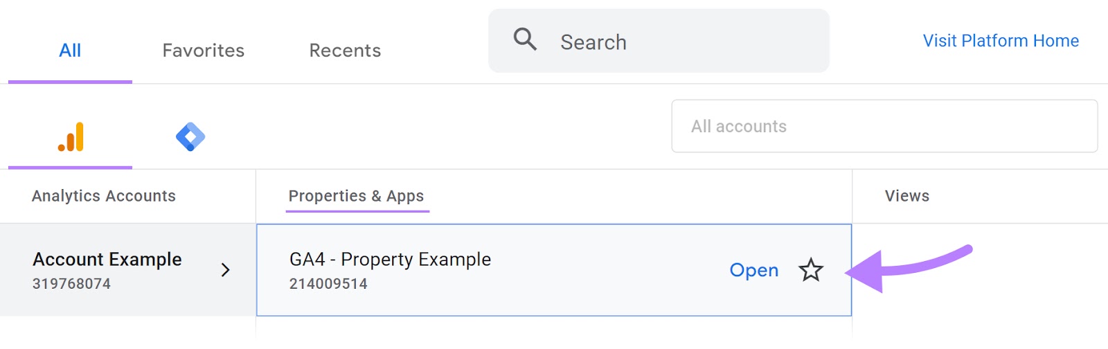 "GA4 - Property Example" selected nether  Google Analytics' properties & apps